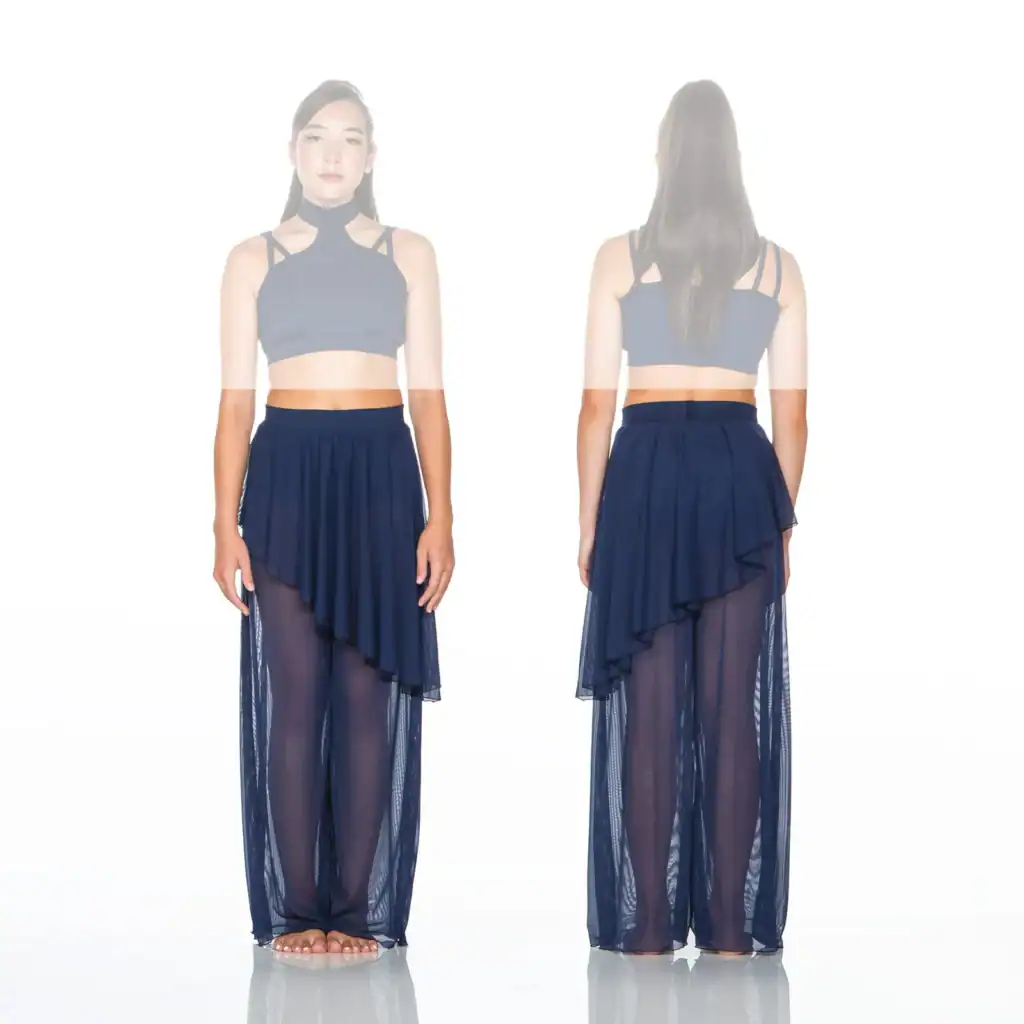 Front and back views of navy crop top and sheer skirt