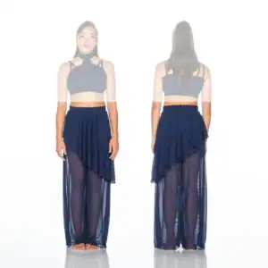 Front and back views of navy crop top and sheer skirt