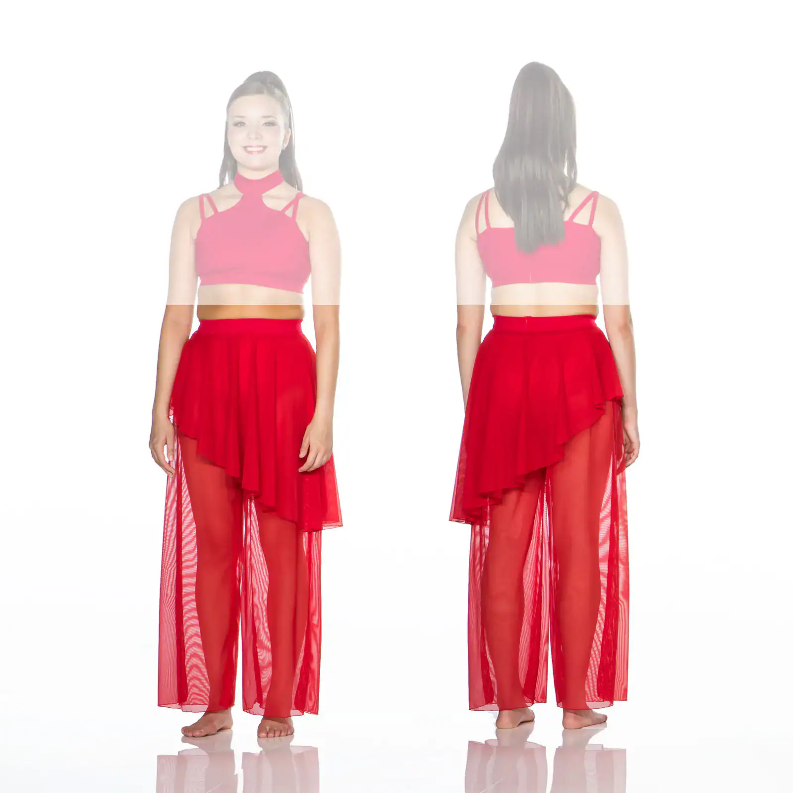 Front and back views of woman wearing red dance costume
