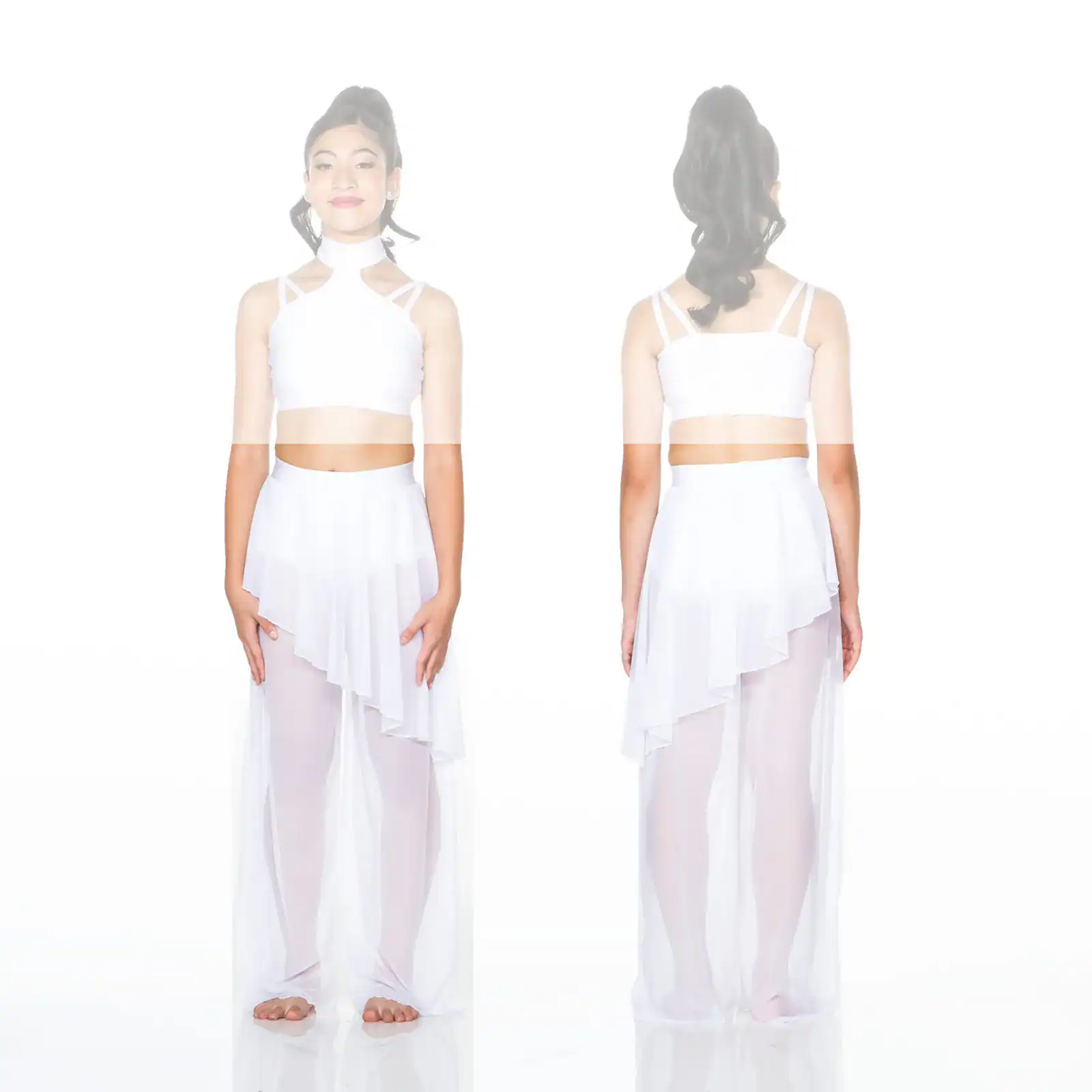 Front and back views of white dance costume