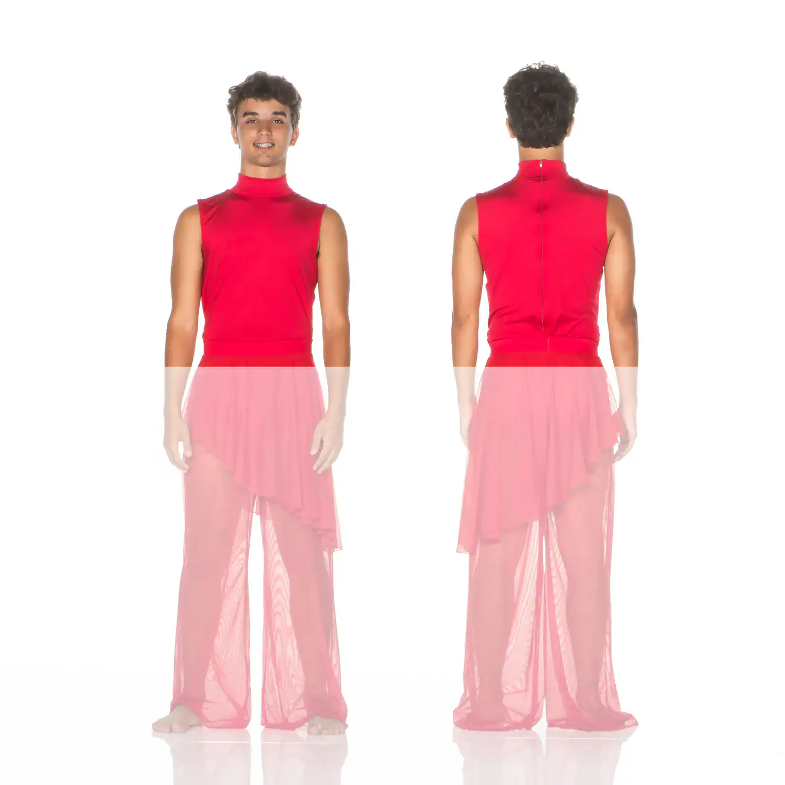 Front and back views of red dance costume