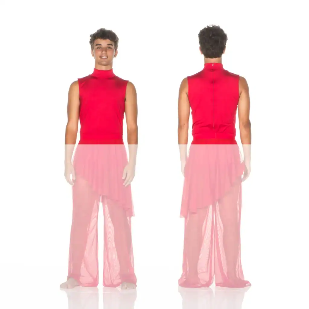 Front and back views of red sleeveless dance costume
