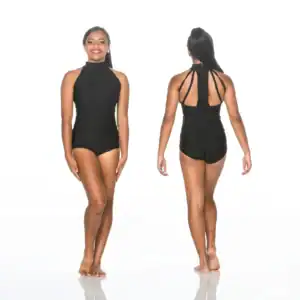 Front and back views of black halter bodysuit