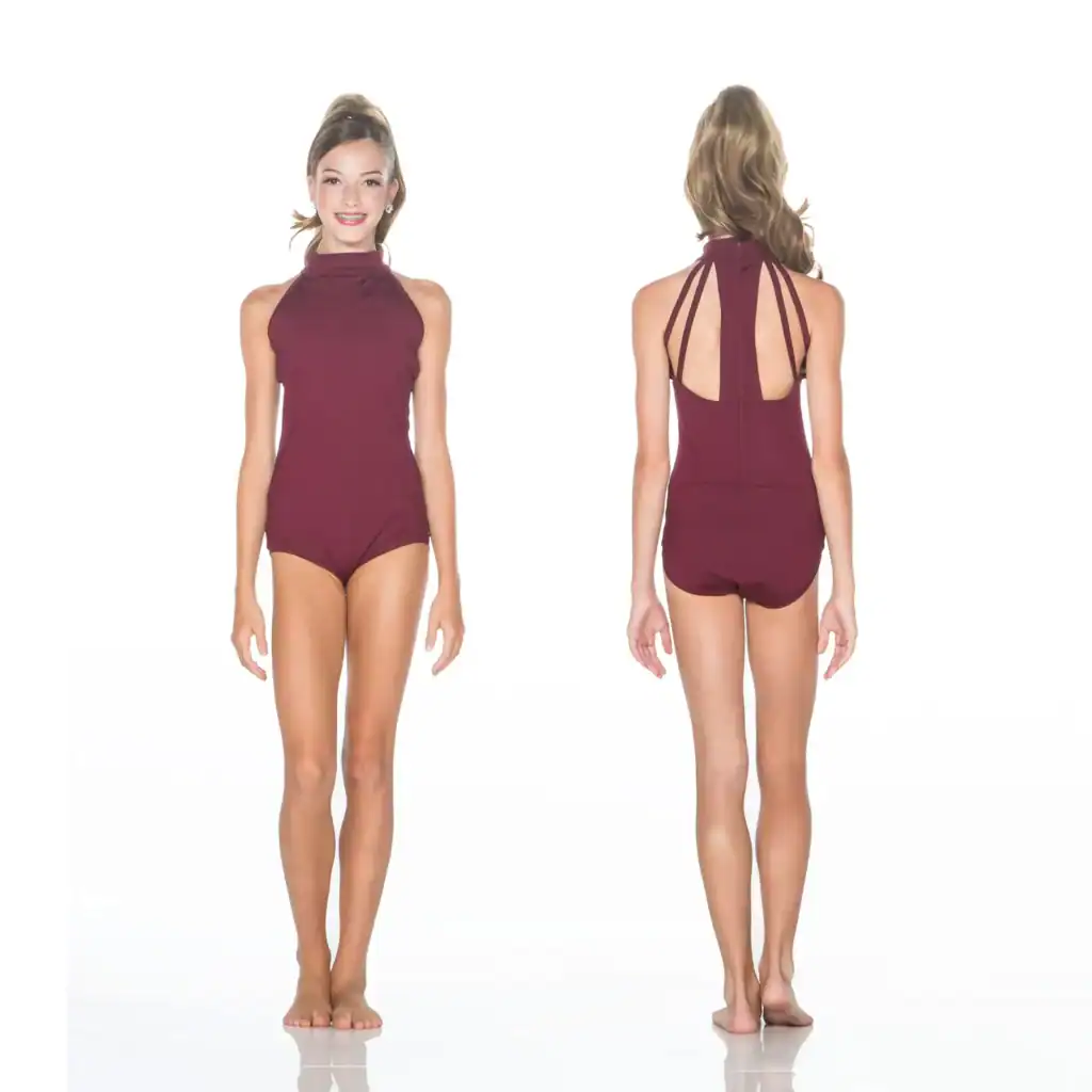 Front and back views of burgundy strappy-back leotard