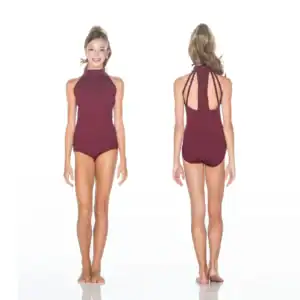 Front and back views of burgundy strappy-back leotard