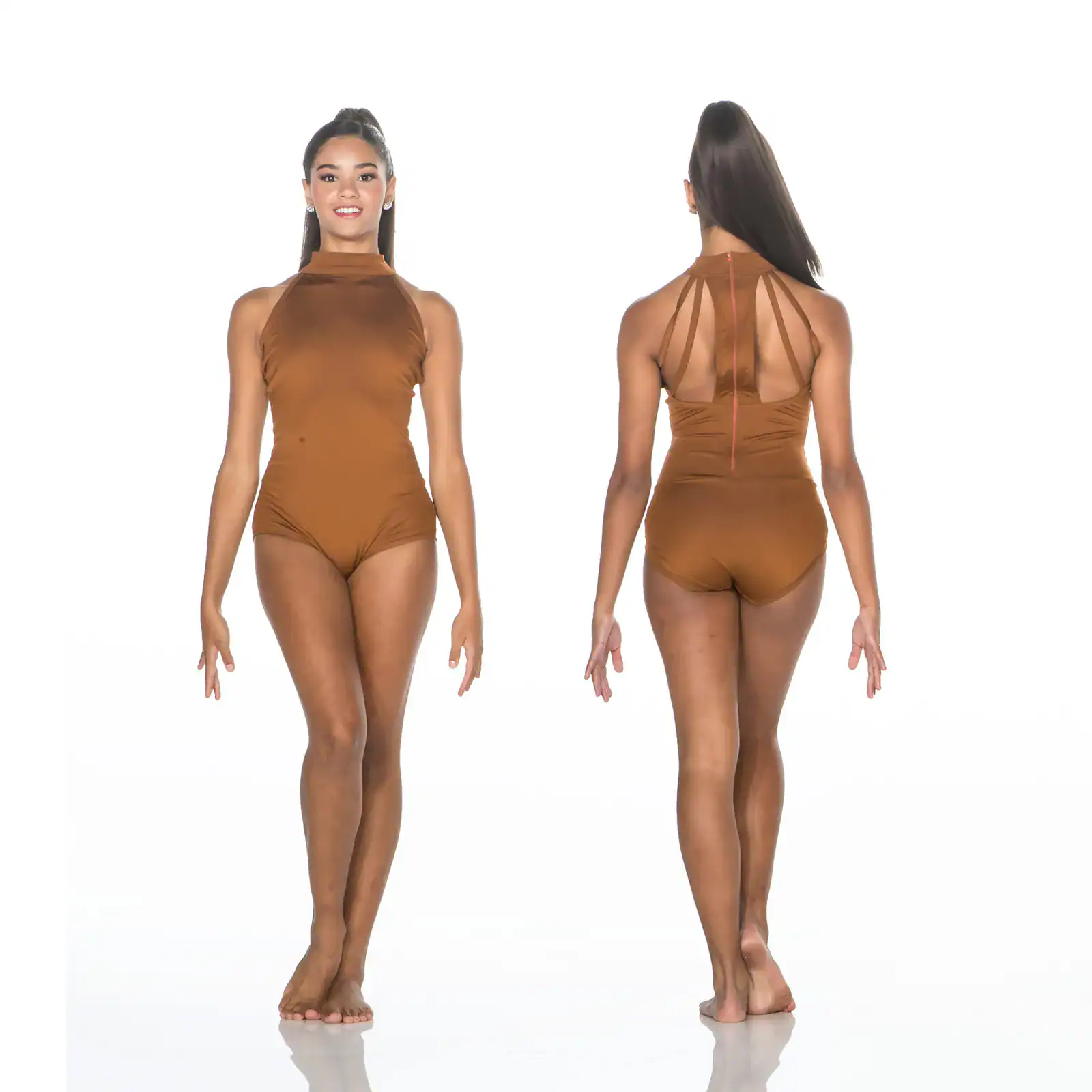 Front and back views of brown halter bodysuit