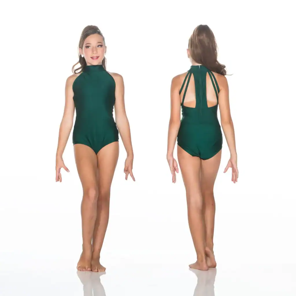 Front and back views of dark green halter leotard