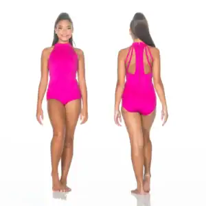 Front and back views of fuchsia halter one-piece swimsuit
