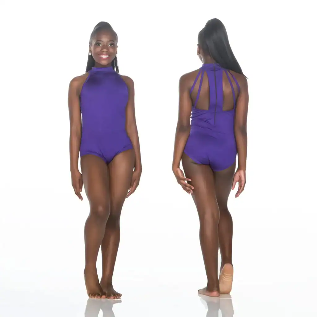 Model wearing purple halter leotard, shown front and back