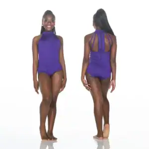 Model wearing purple halter leotard, shown front and back
