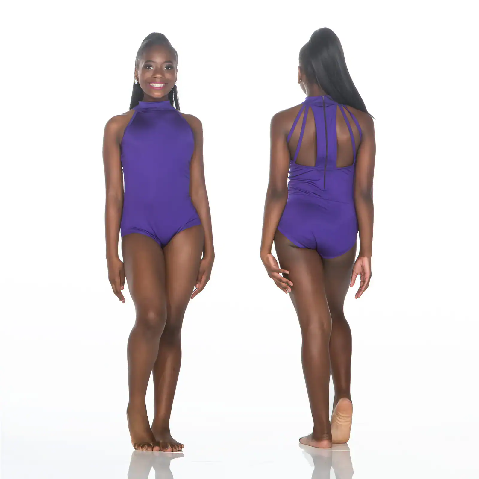 Model wearing purple halter leotard, shown front and back