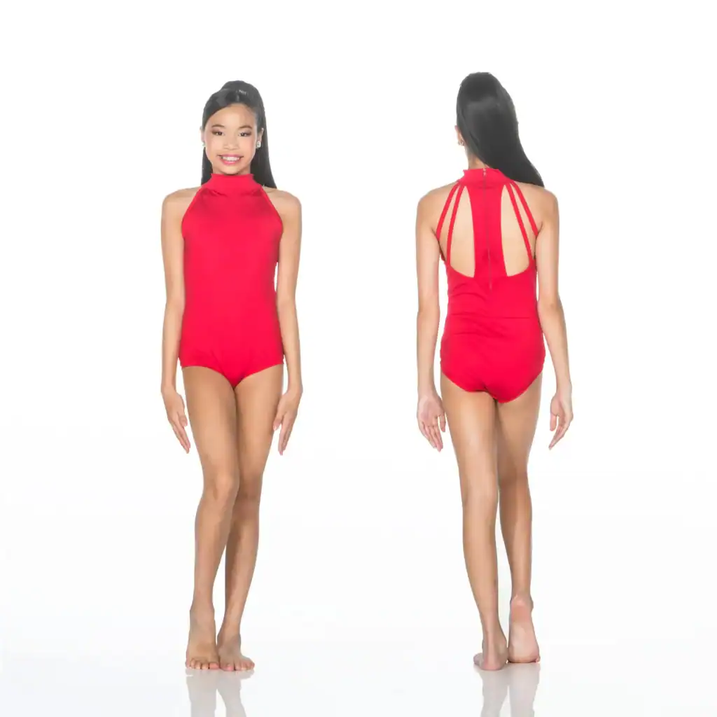 Front and back views of red halter leotard