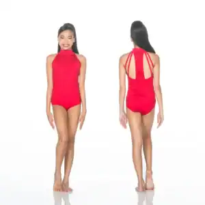 Front and back views of red halter leotard