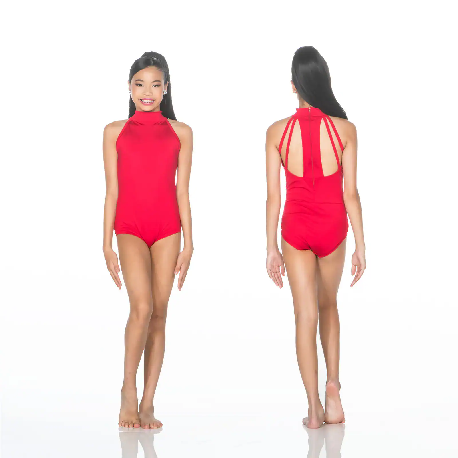 Front and back views of red halter leotard