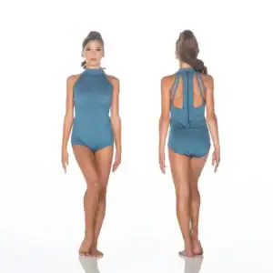 Front and back views of teal halter leotard