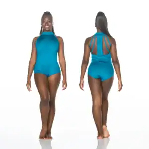 Front and back views of teal halter bodysuit