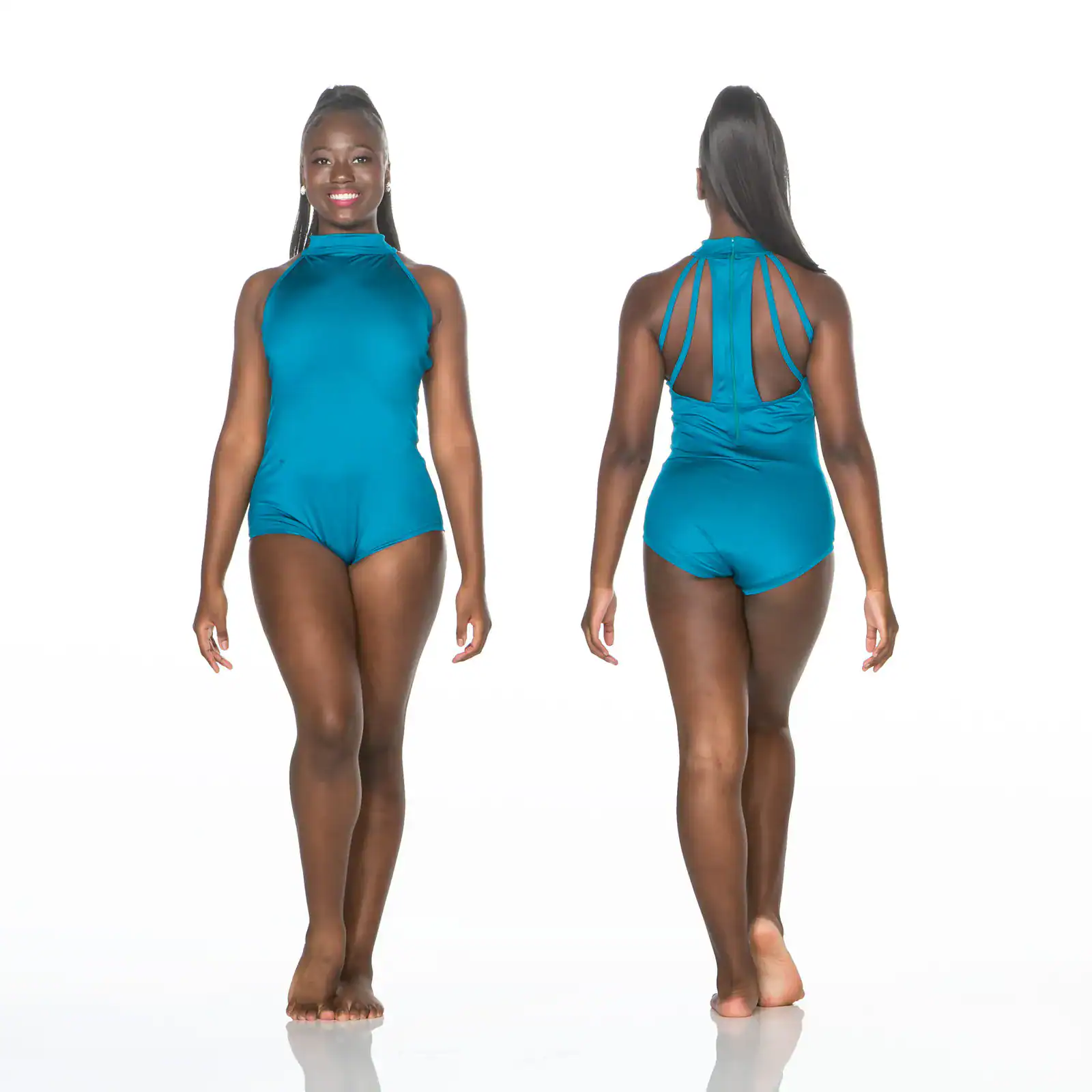 Front and back views of teal halter bodysuit
