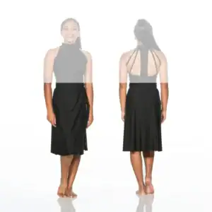 Front and back views of black halter dress