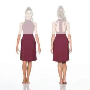 Front and back views of burgundy halter dress