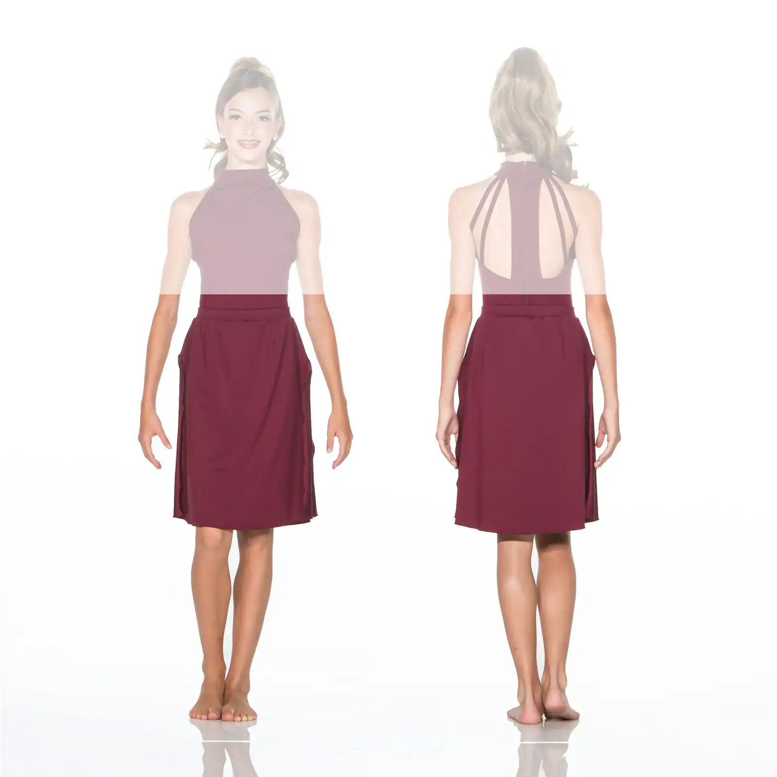 Front and back views of burgundy halter dress