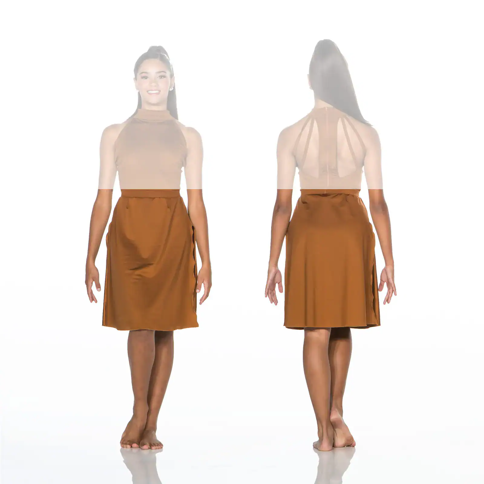 Front and back views of brown halter dress