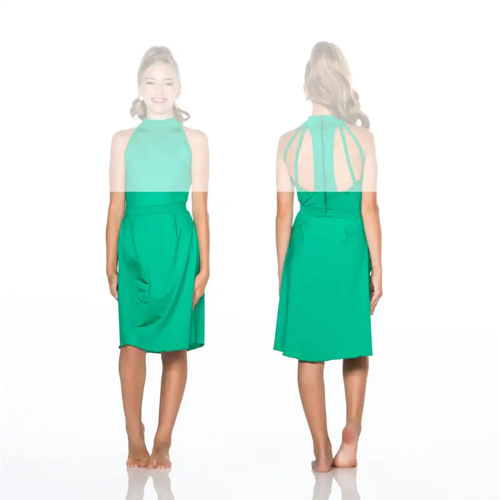 Front and back views of green halter dress