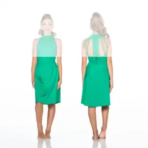 Front and back views of green halter dress