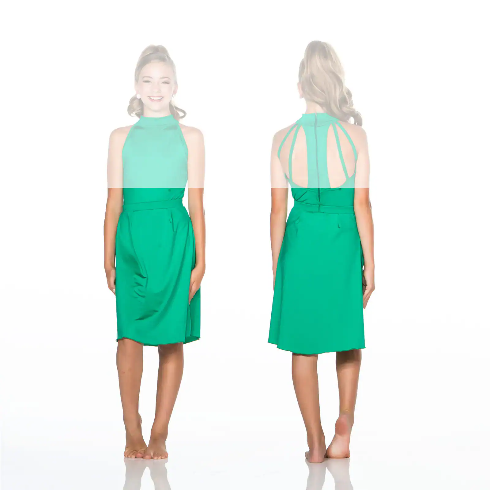 Front and back views of green halter dress