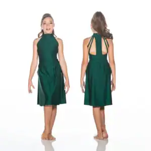 Front and back views of emerald green halter dress