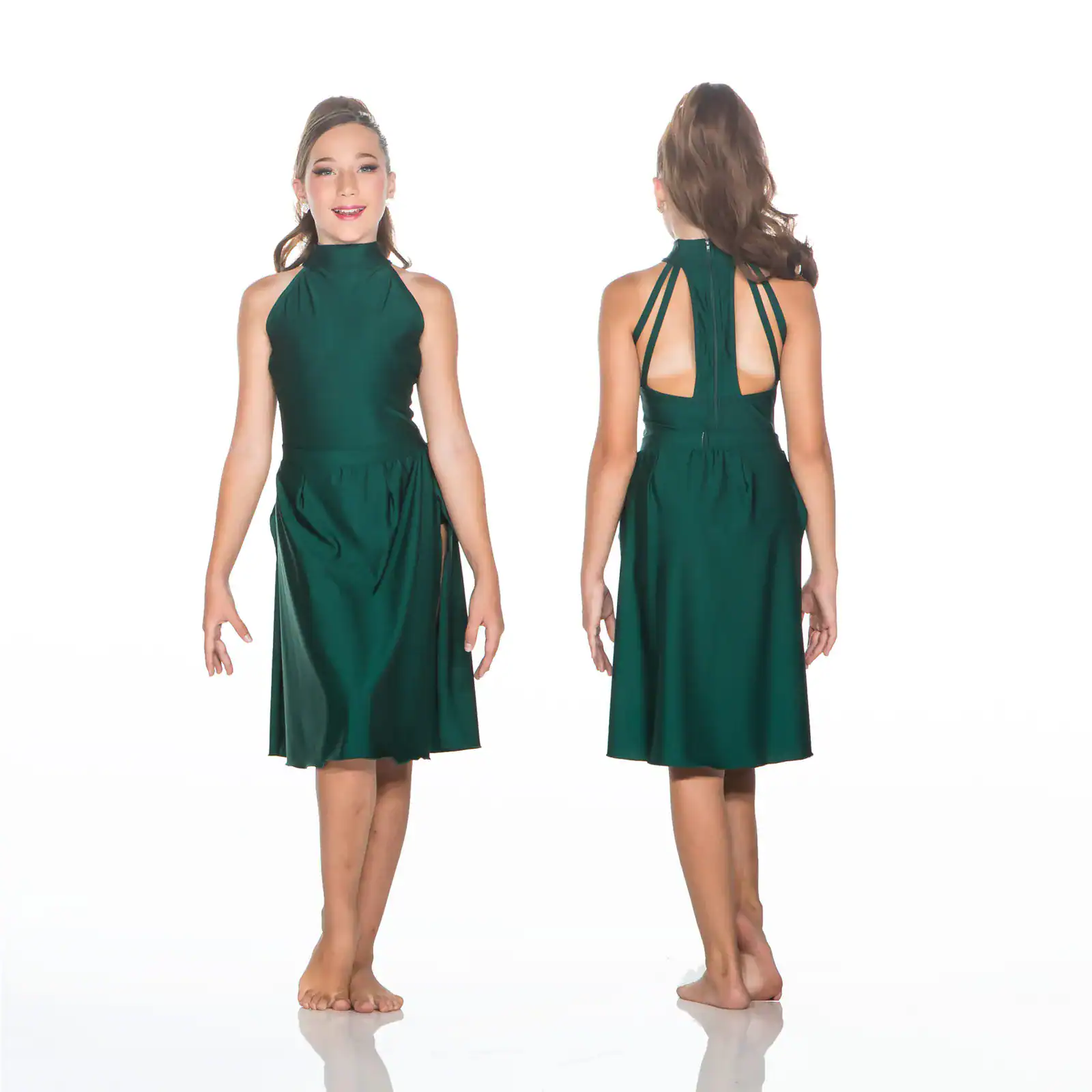 Front and back views of emerald green halter dress