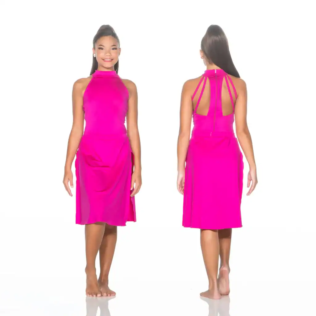 Front and back views of a bright pink halter dress