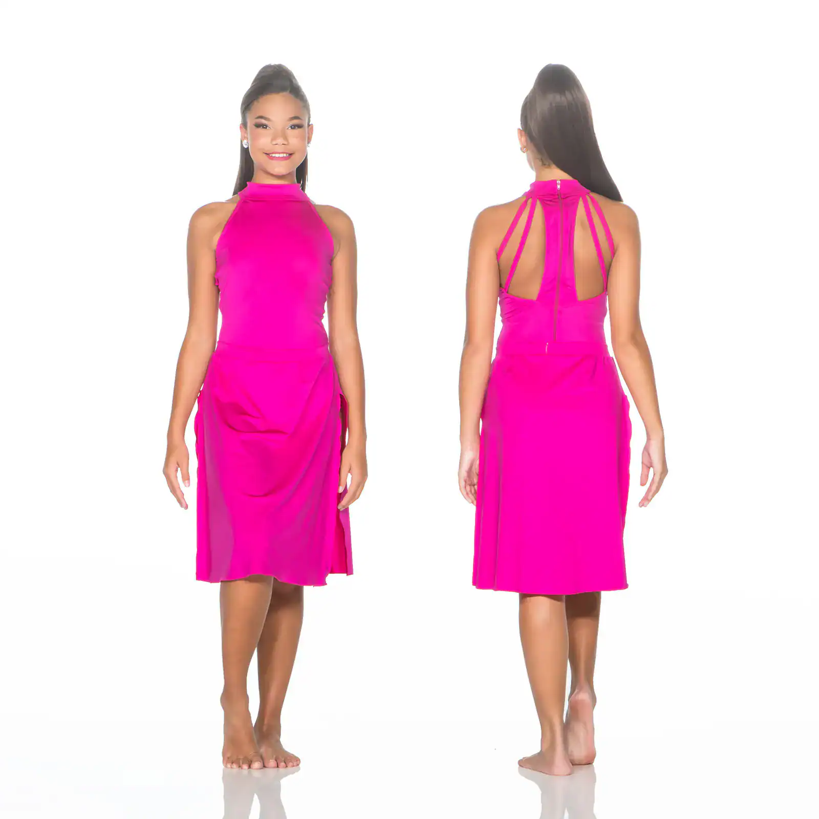Front and back views of a bright pink halter dress