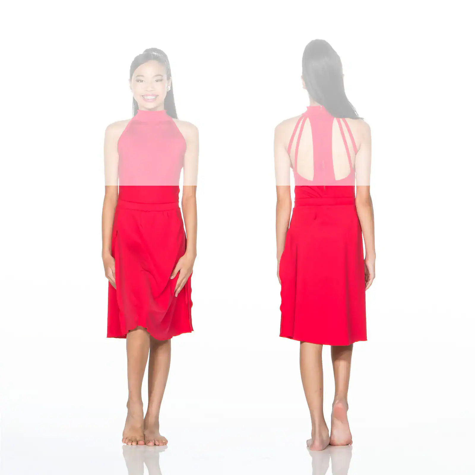 Front and back views of woman in red halter dress