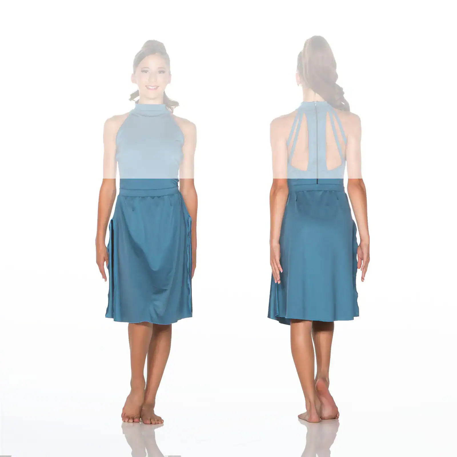 Front and back views of woman wearing blue halter dress