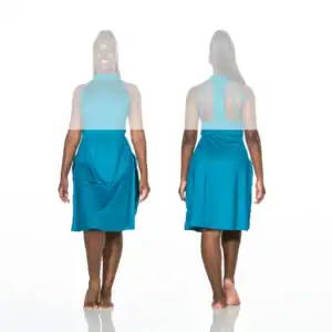 Front and back views of teal halter dress