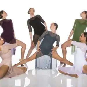 Five dancers pose in colorful sheer costumes on white background.