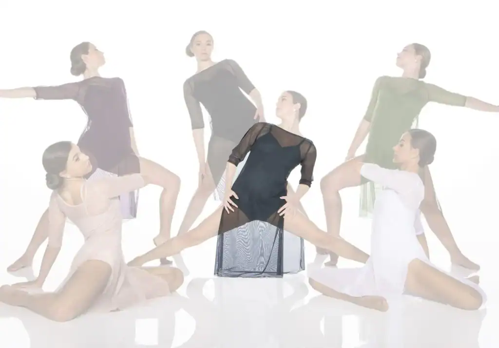 Six dancers pose in sheer dresses against white background.