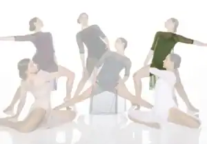 Six dancers posing in sheer black and white costumes