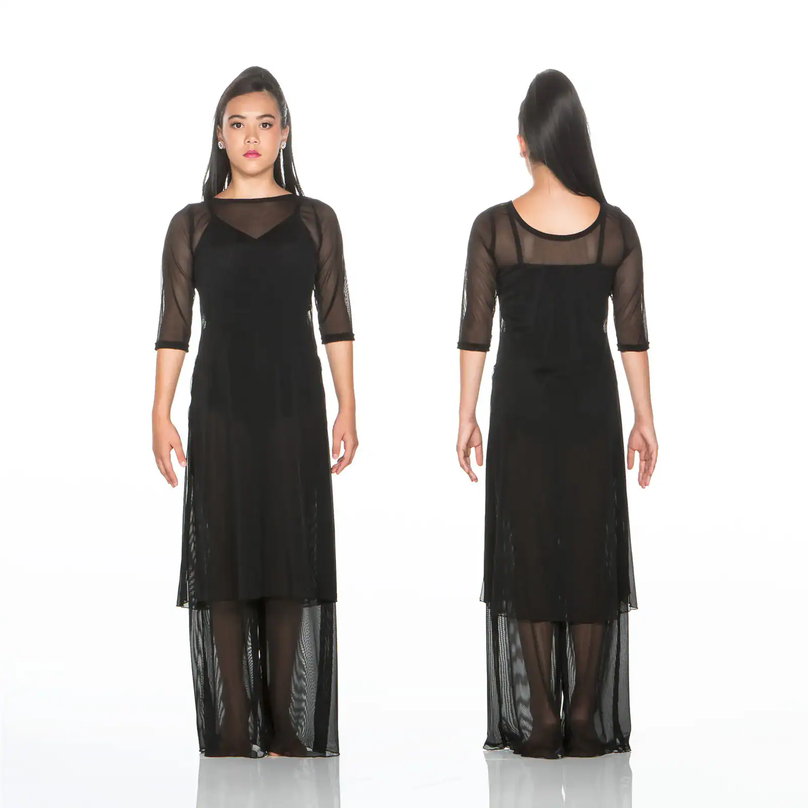 Front and back views of black sheer maxi dress