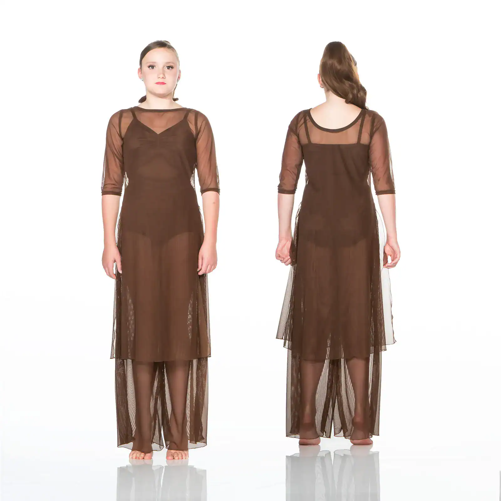 Front and back views of brown sheer maxi dress