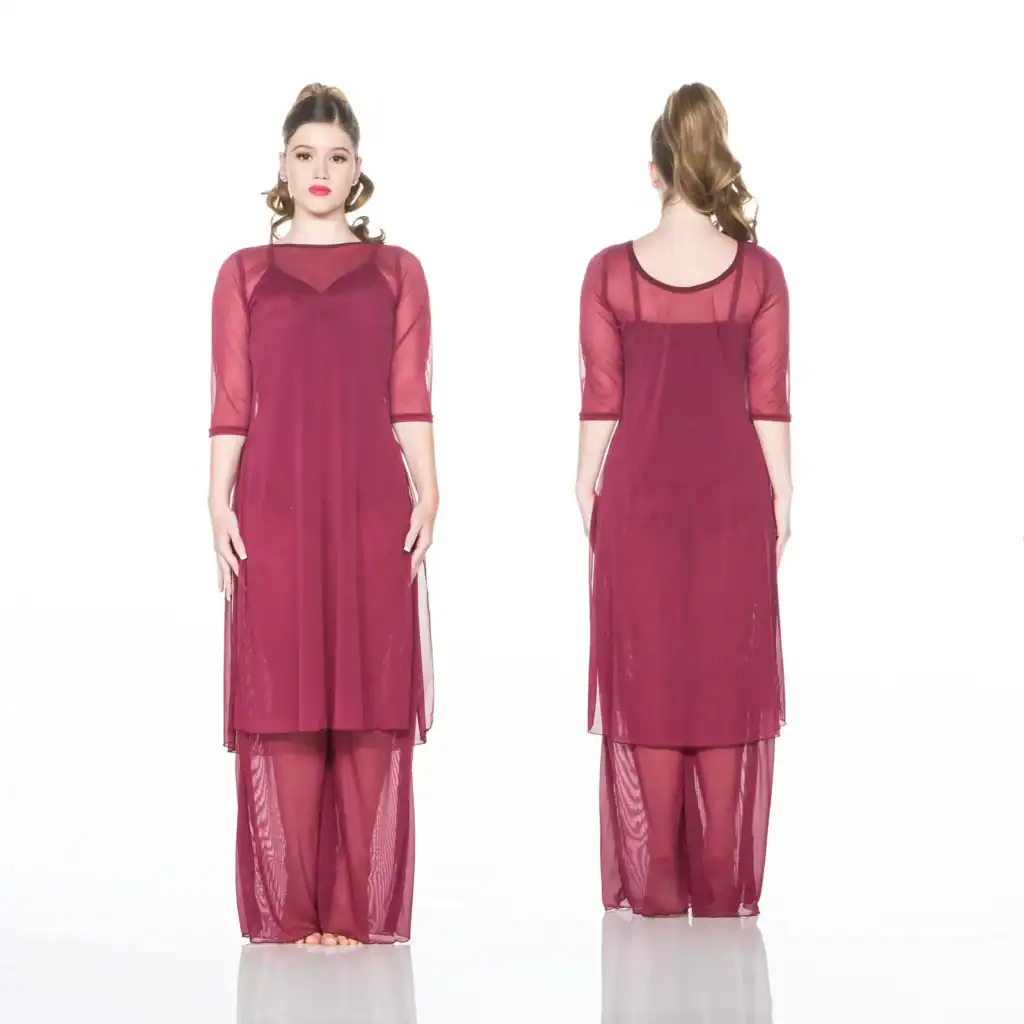 Front and back views of burgundy sheer pantsuit