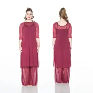 Front and back views of burgundy sheer pantsuit