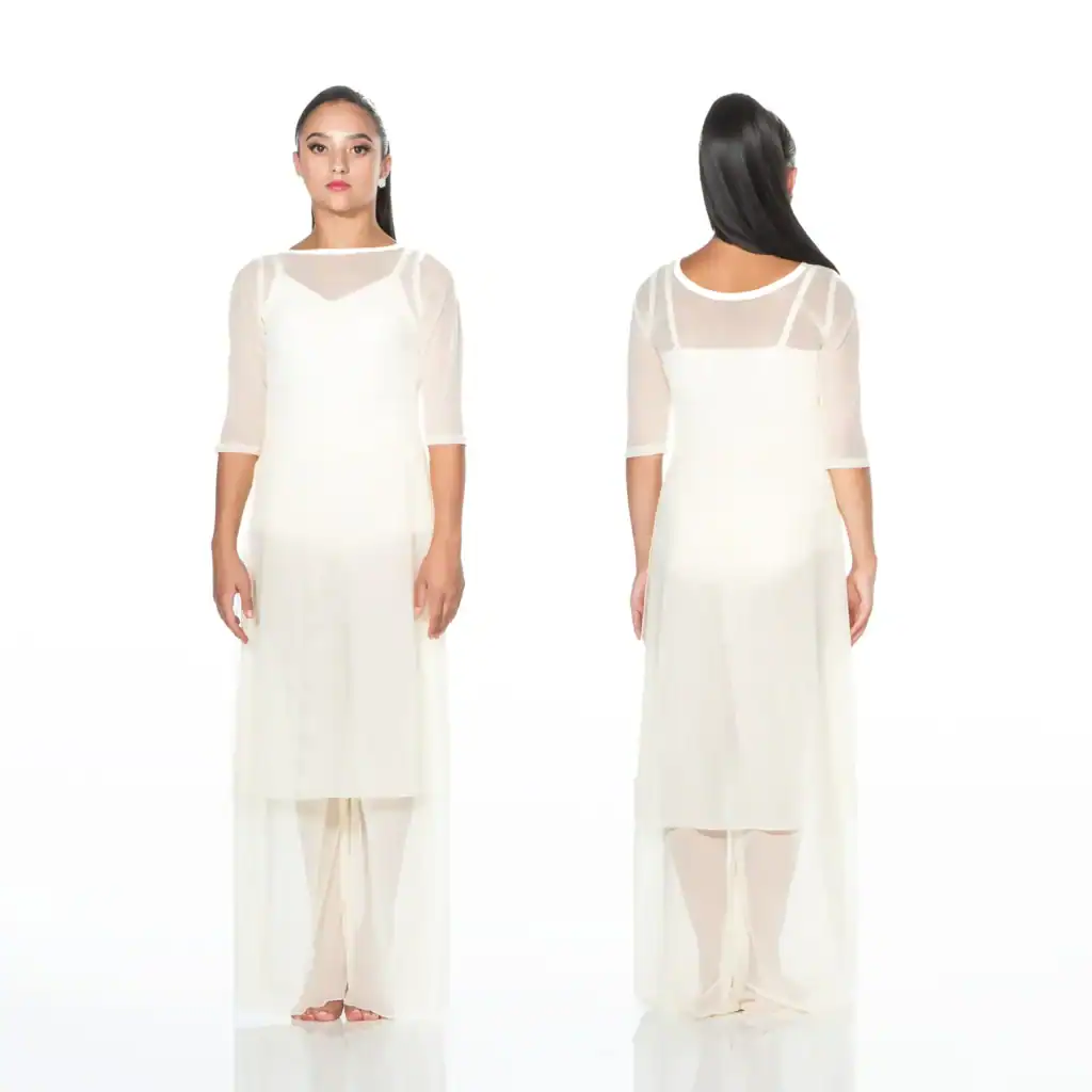 Front and back views of white sheer maxi dress