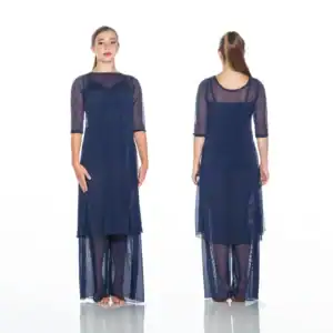 Front and back views of navy sheer-overlay maxi dress