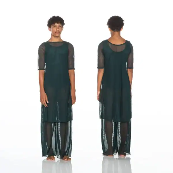 Front and back views of sheer dark green dress
