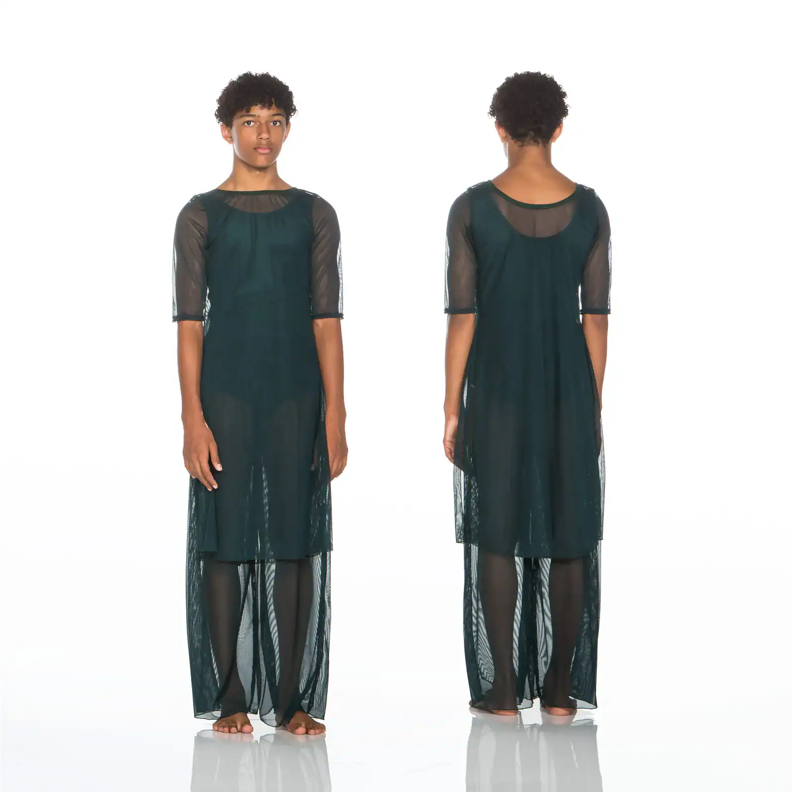 Front and back views of sheer dark green dress