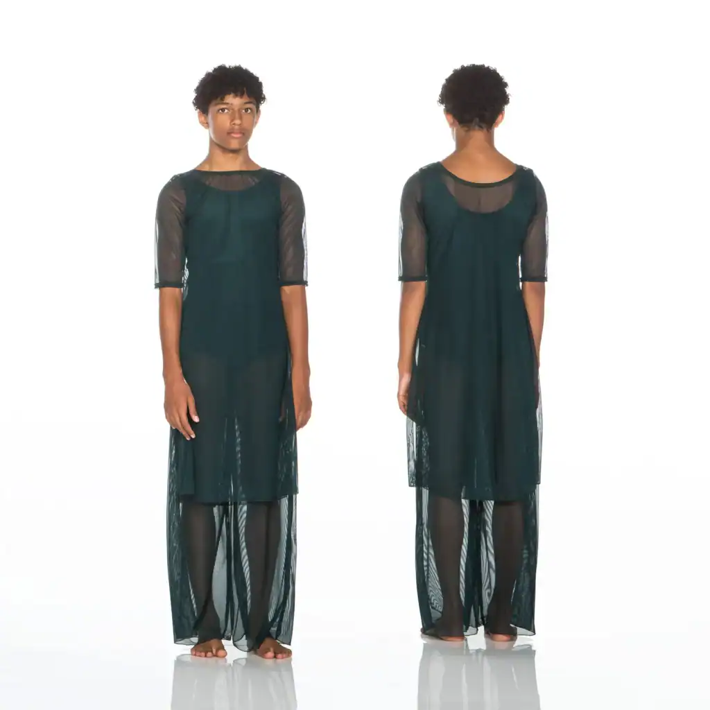 Front and back views of a sheer black dress