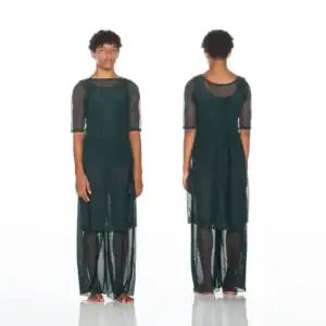 Front and back views of model in sheer black dress