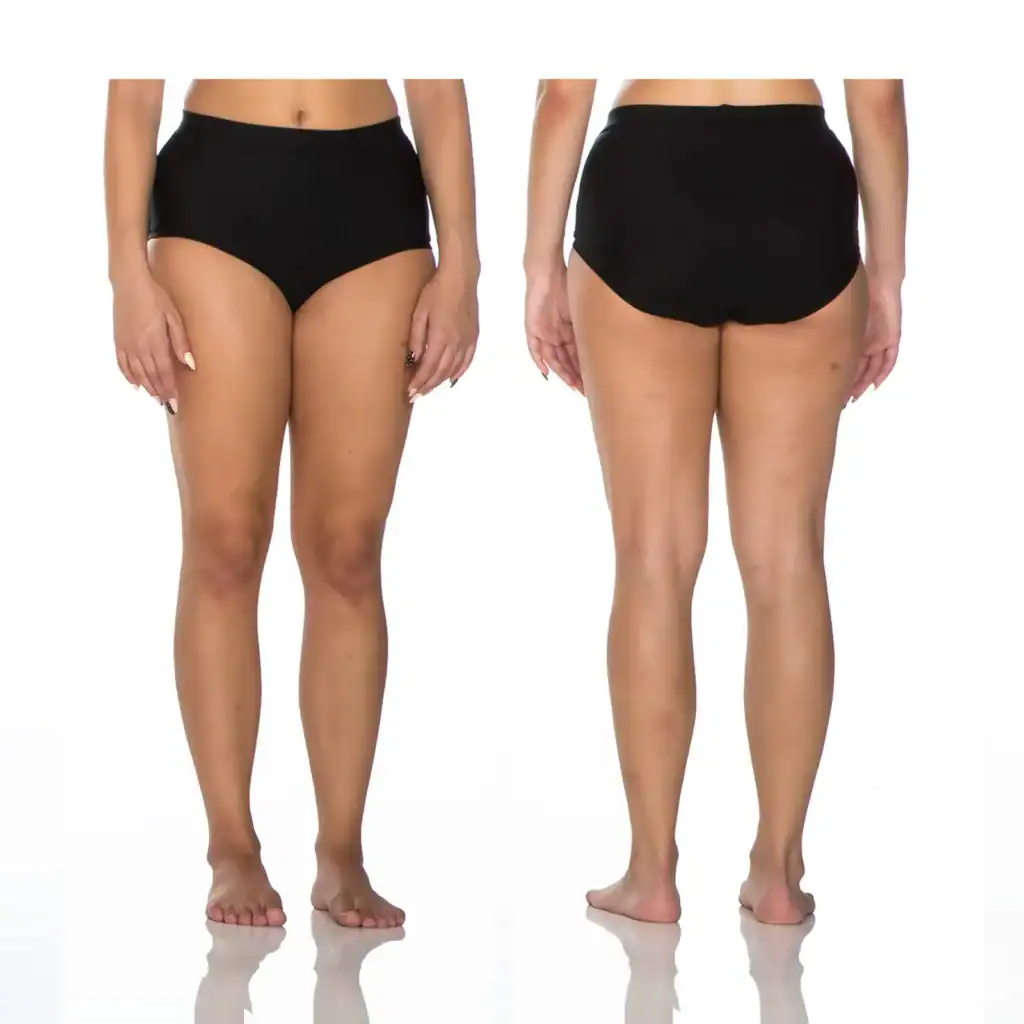 Front and back views of black high-waisted underwear
