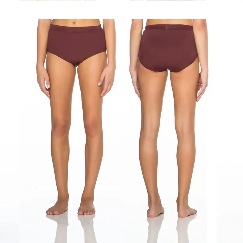 Front and back views of burgundy high-waisted briefs